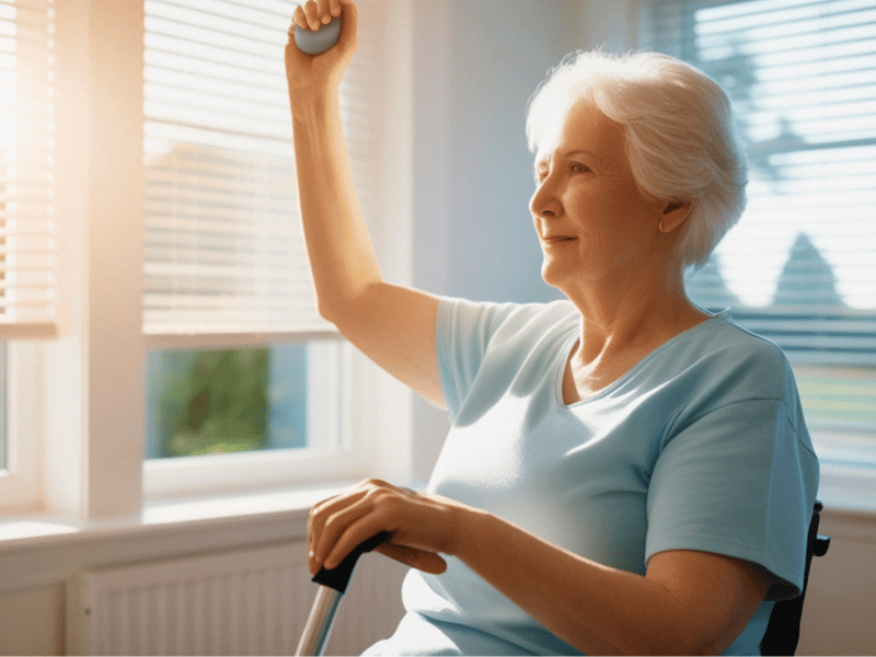 Dom seniora starsza kobieta o białych włosach uśmiecha się podczas ćwiczeń w pomieszczeniu, podnosząc jedną ręką mały niebieski hantel. siedzi w pobliżu nasłonecznionych okien, ubrana w jasnoniebieską koszulę. czarny dunajec